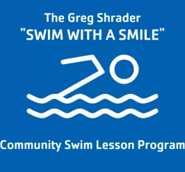 Swim graphic with title for Greg Shrader Swim with a Smile program