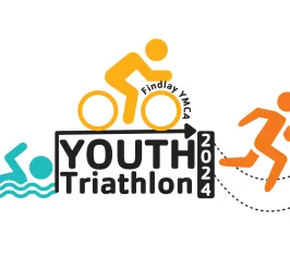3 stick figures: One swimming, one biking, and one running, with the text Findlay YMCA Youth Triathlon 2024
