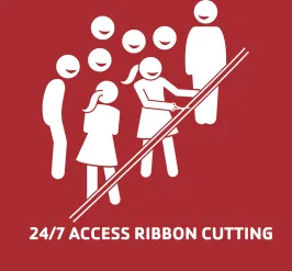 stick figures standing together smiling while cutting a ribbon