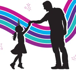silhouette of little girl with a unicorn horn twirling with a man to represent the father daughter dance. multicolored waves and stars in the background