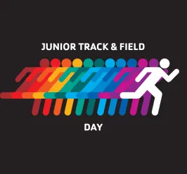 black background, stick figures of all different colors running with the text Junior Track and Field Day