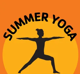 orange background, yellow circle with silhouette of a woman doing a yoga pose and the text summer yoga