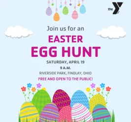 Easter egg hunt graphic with colorful eggs and event details.