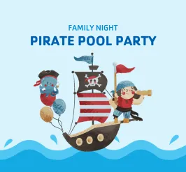 Family Night Pirate Pool Party flyer with a pirate child and octopus sailing a pirate ship.