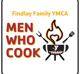 Men Who Cook logo featuring a football-shaped grill with flames and grilling utensils.