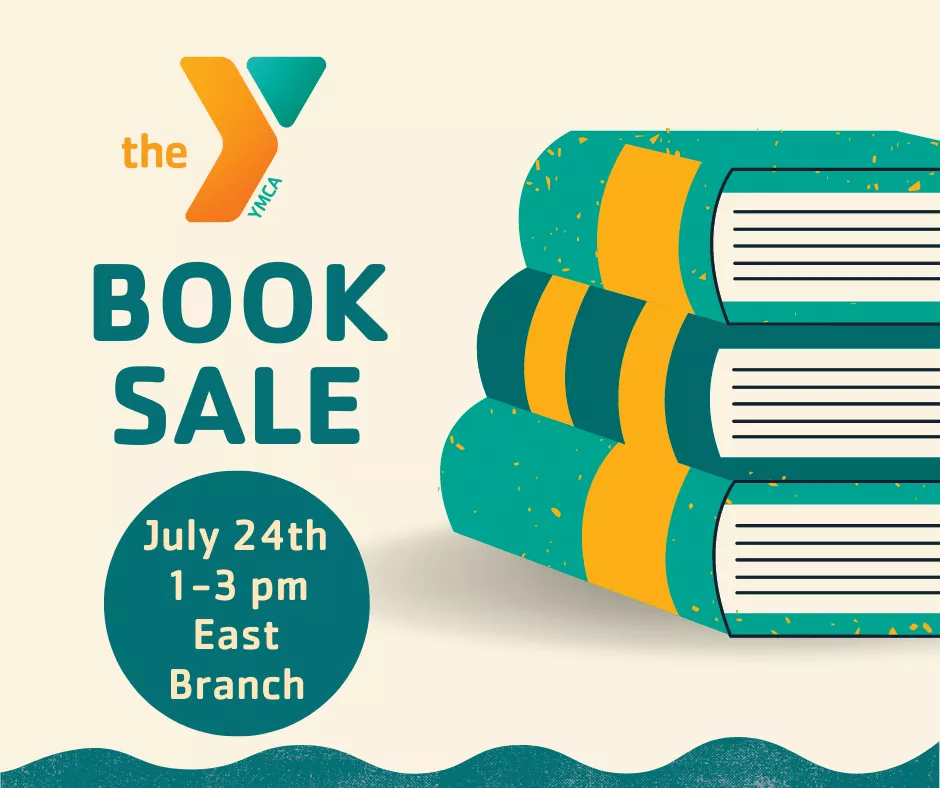 Book Sale Information and book graphic with text that reads July 24th 1-3 pm East Branch