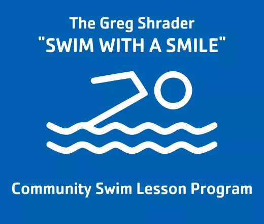 Swim graphic with title for Greg Shrader Swim with a Smile program