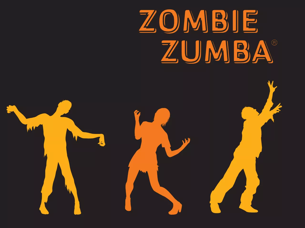 cartoon of three zombie like silhouettes with the words Zombie Zumba