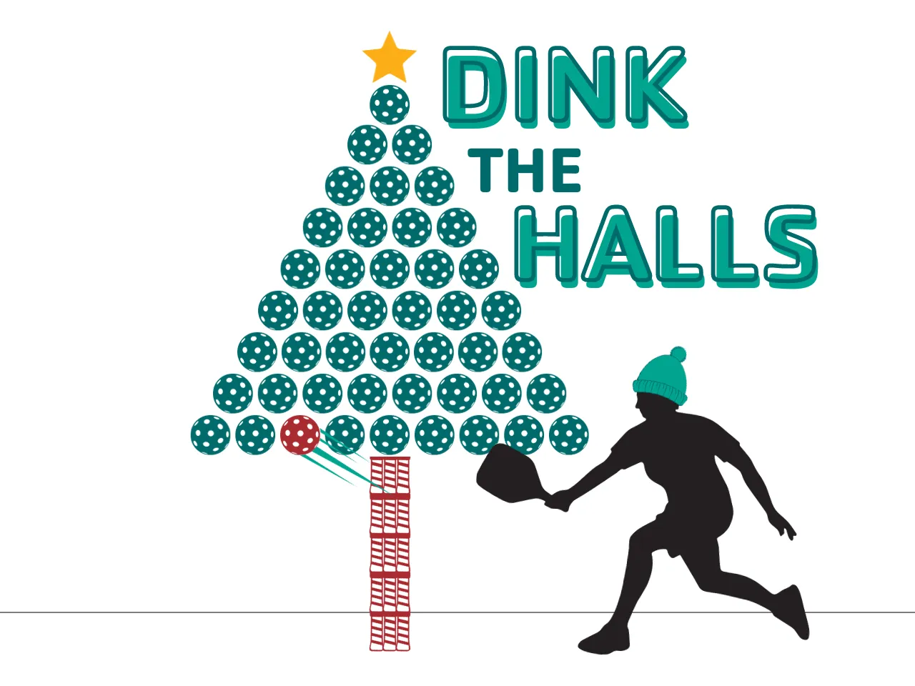 graphic of pickleball themed christmas tree with a sihouette of a pickleball player