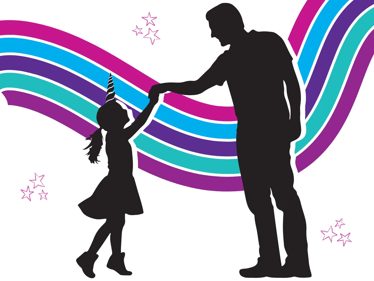 silhouette of little girl with a unicorn horn twirling with a man to represent the father daughter dance. multicolored waves and stars in the background