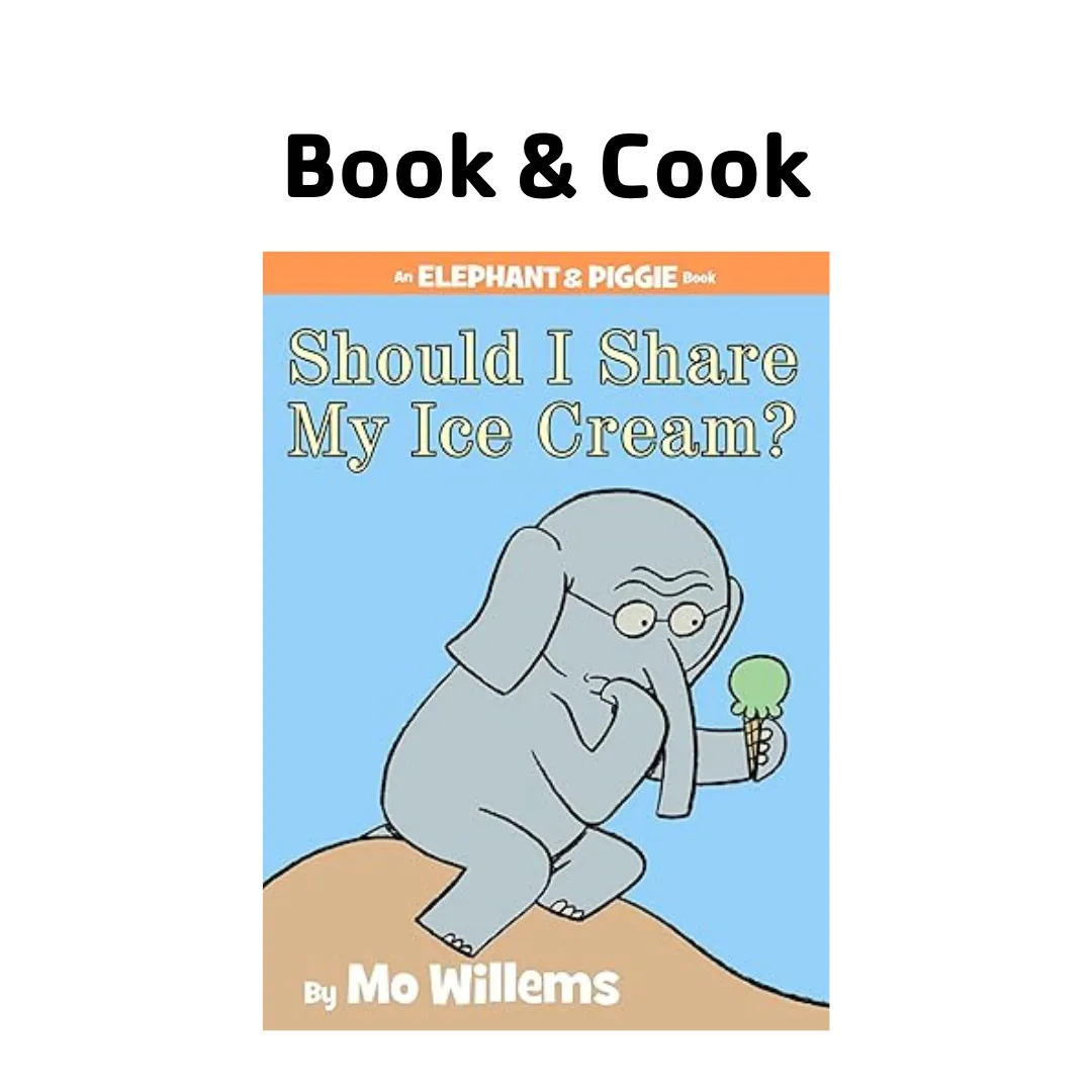 Book cover of Mo Willems' "Should I Share My Ice Cream?" with an elephant holding an ice cream cone.