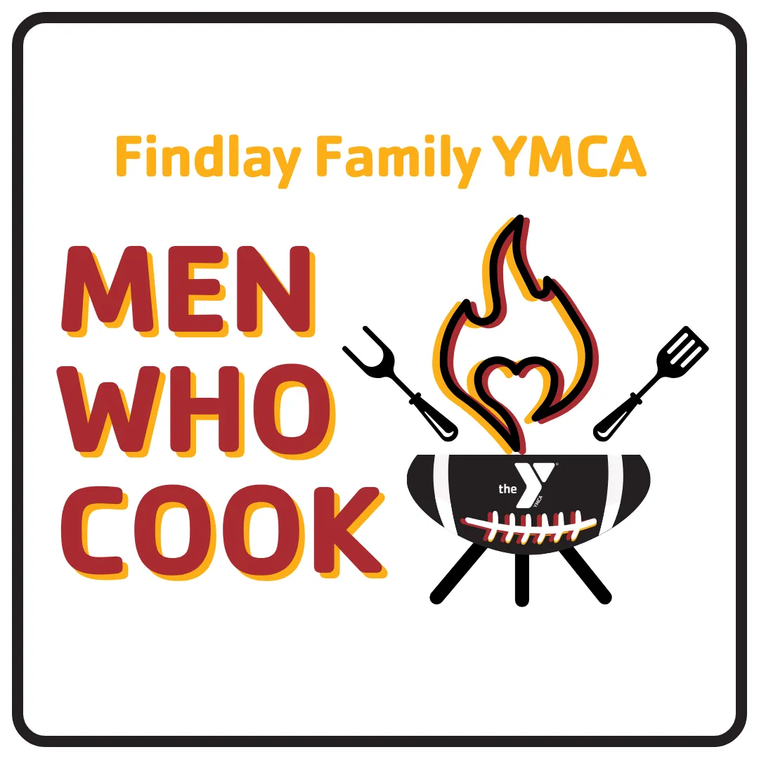 Men Who Cook logo featuring a football-shaped grill with flames and grilling utensils.