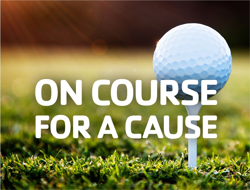 Image of golf ball on tee with words on course for a cause