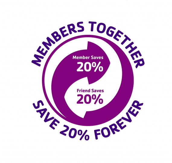 20 percent graphic for Membershi Promo that says Members together save 20 forever