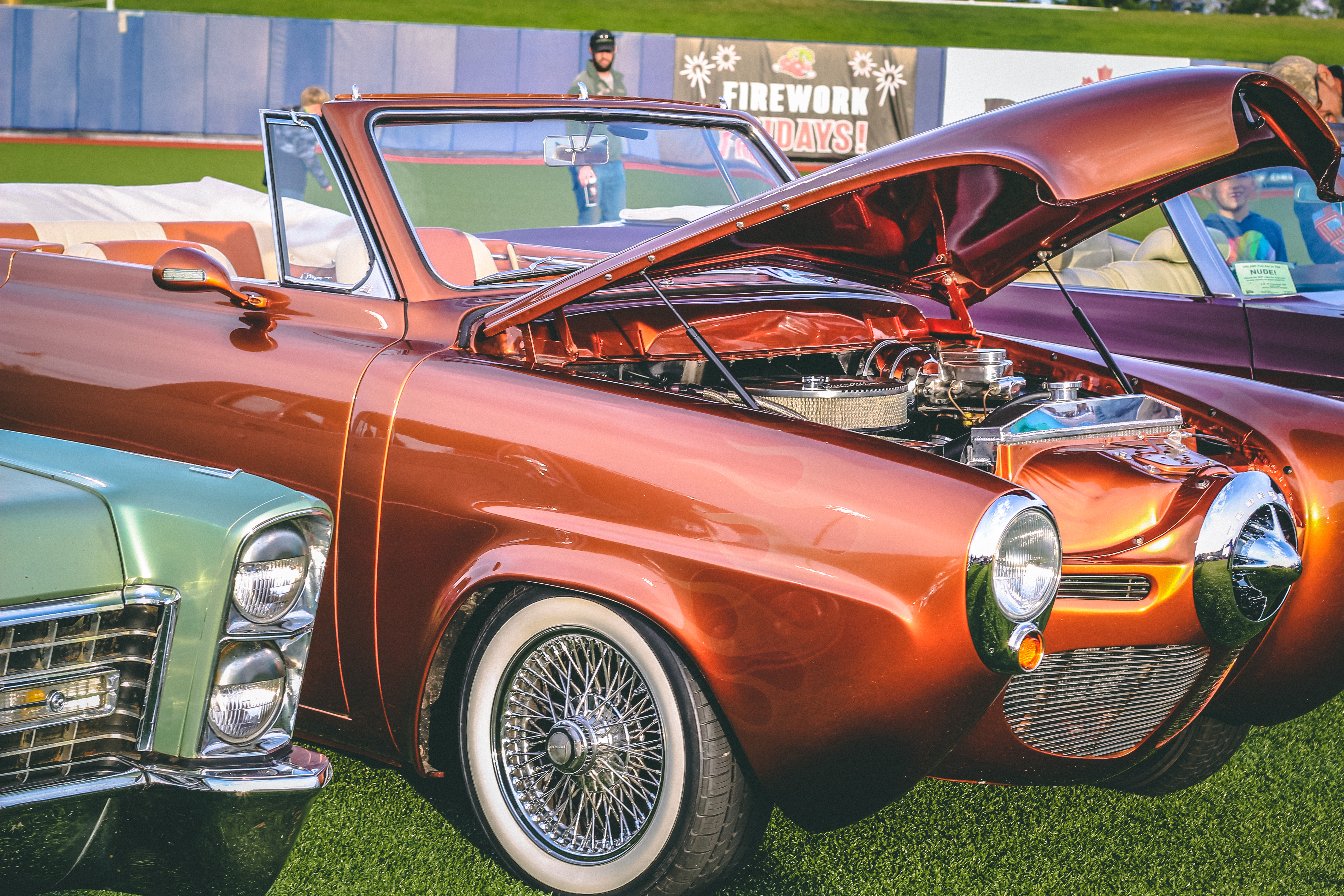 Classic cars on a baseball diamond