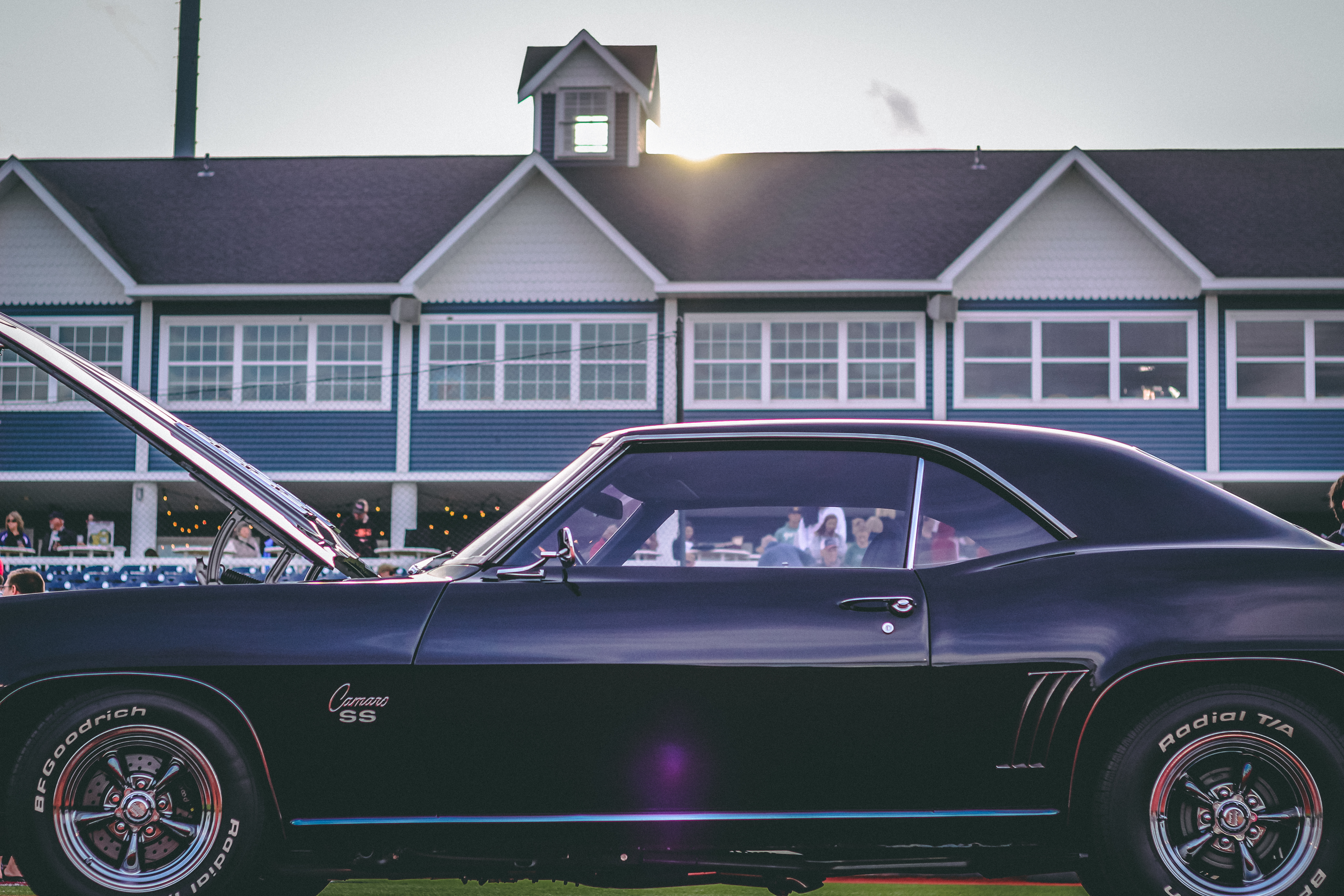 Classic cars on a baseball diamond