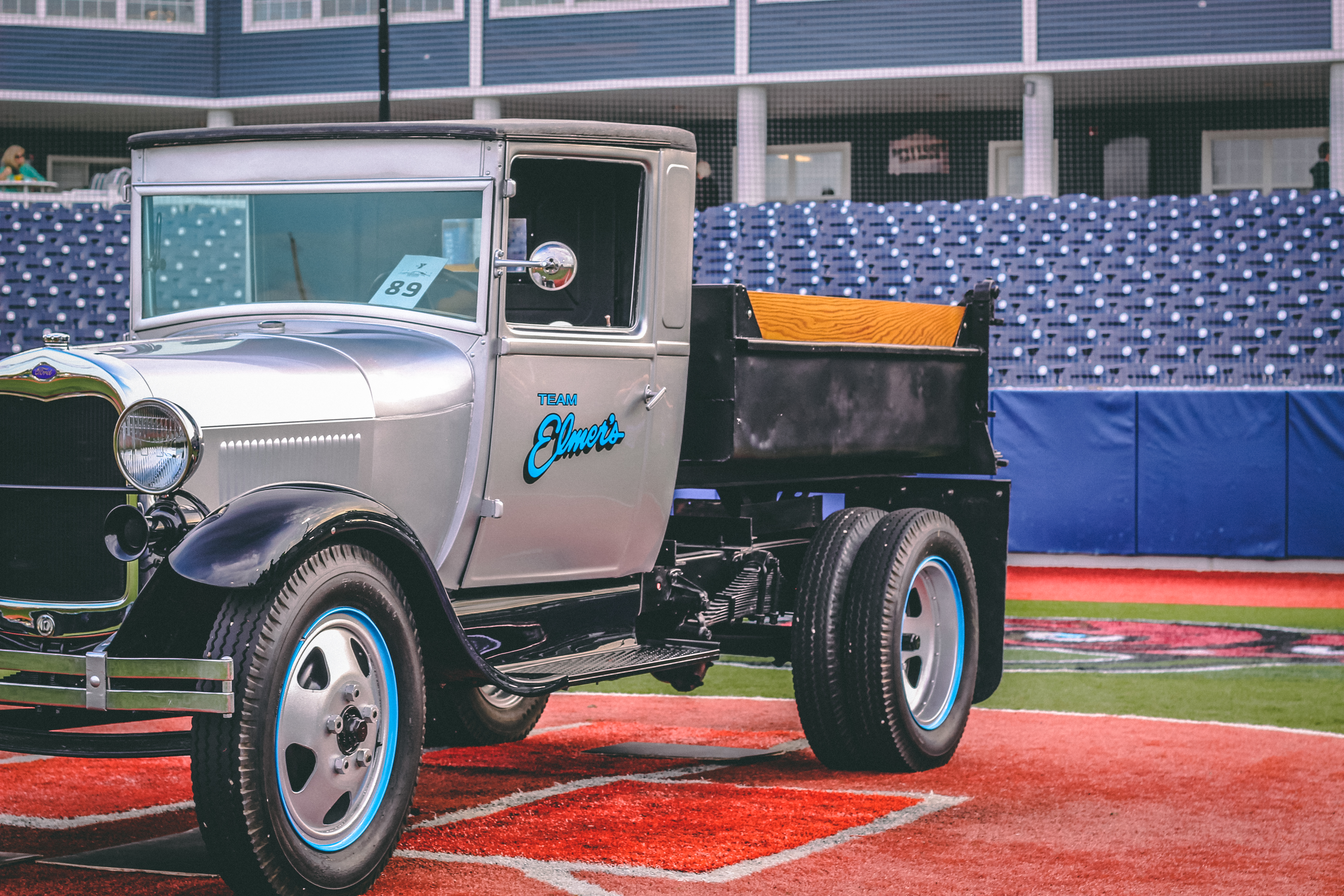 Classic cars on a baseball diamond