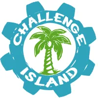 Logo of Challenge Island featuring a green palm tree at the center, surrounded by a blue gear shape with the words 'Challenge Island' written in white along the gear's edges.