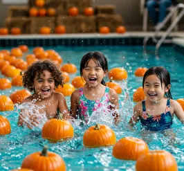 kids in pool with pumpkins