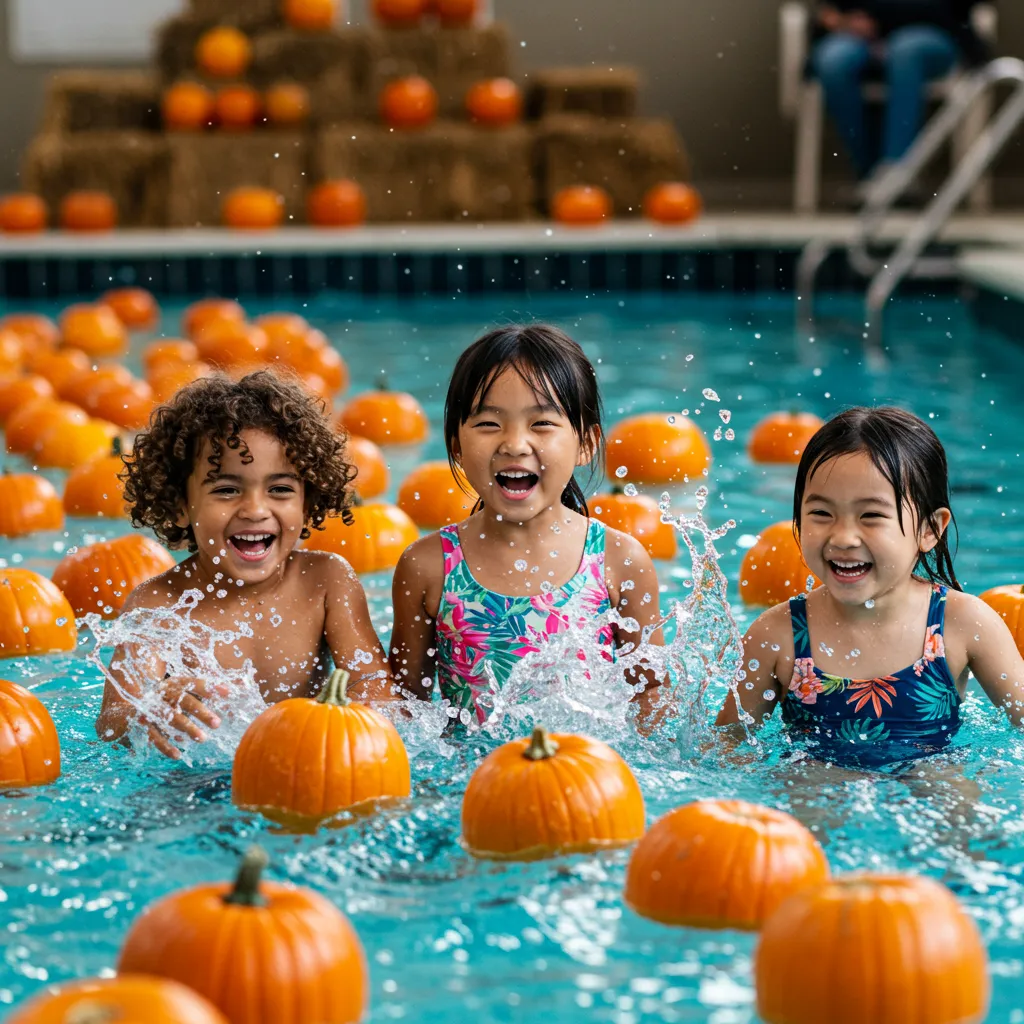 kids in pool with pumpkins