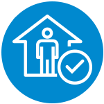 A blue circle with a home, person, and a check mark drawn in white in the center.