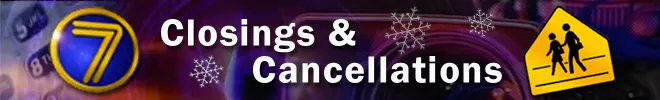 A purple image that says cancellations and closings