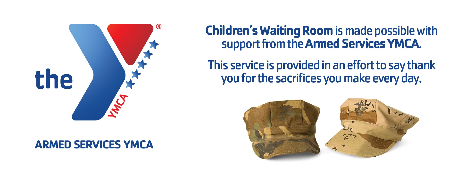 Armed Services YMCA logo, military hats, and made possible with support from Armed Services YMCA
