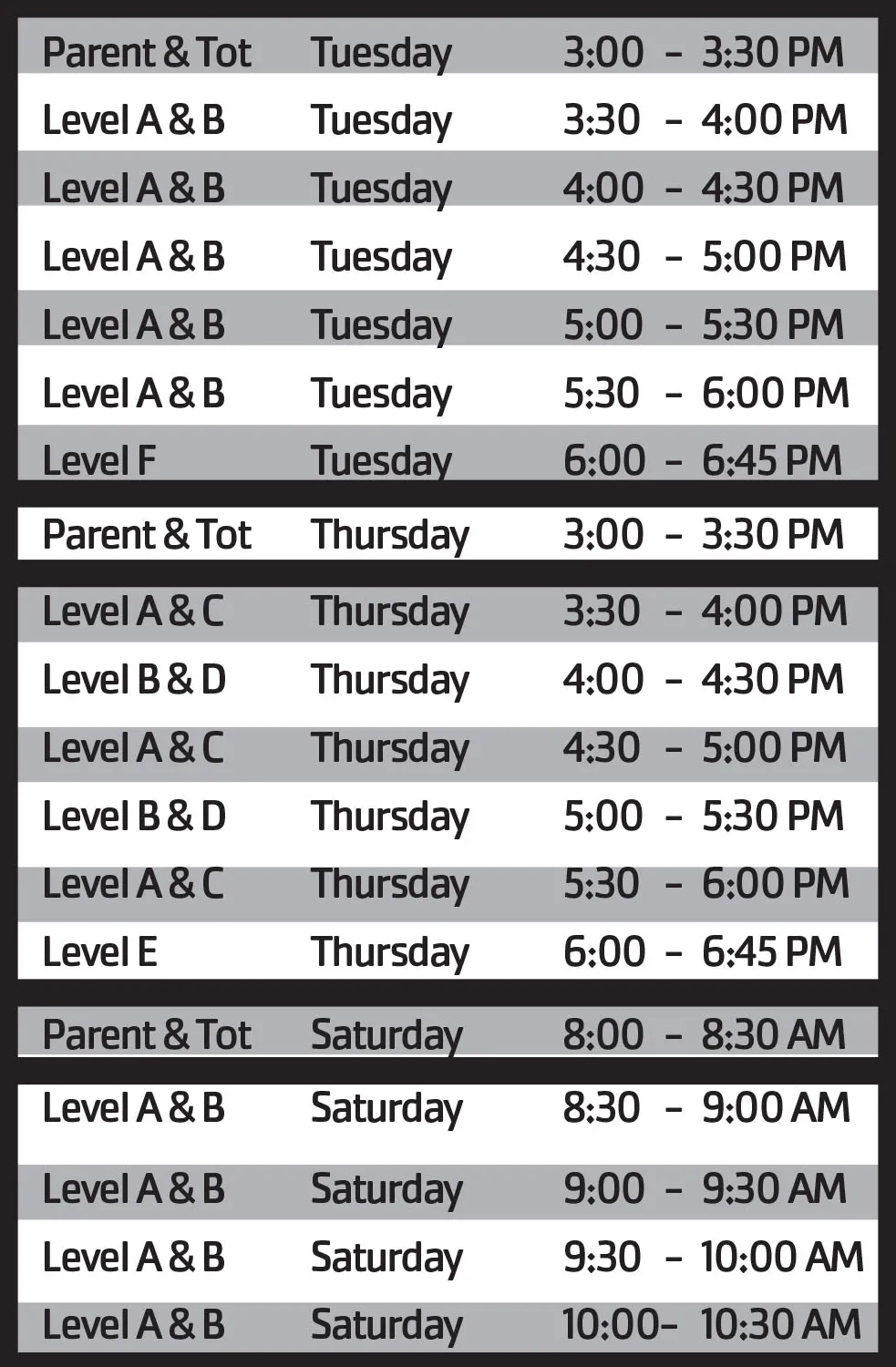 Schedule for Swim Lessons Session 2
