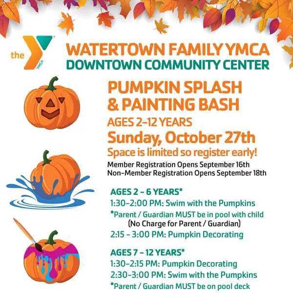 Mini poster with pumpkin illustrations, fall leaves, and event info