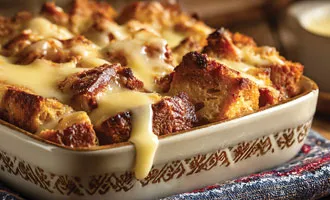 Photo of a dish of bread pudding with vanilla sauce