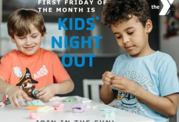 Graphic of Kids' Night Out title over picture of 2 kids playing with clay. Graphic mentions Kids' Night Out is held on the first Friday of the month
