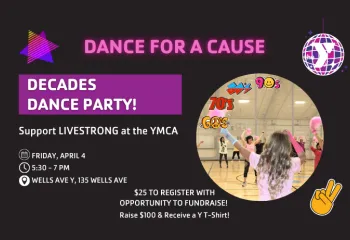 Graphic with Dance for a Cause date and time and a picture of people in a dance exercise class