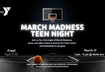 Graphic with date and location of March Madness Teen Night 2025