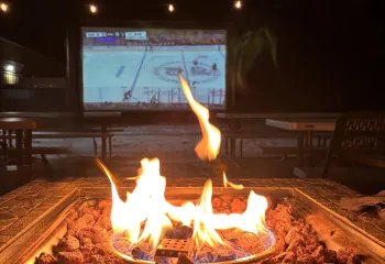 fire pit and big screen out back at Wells Ave Y