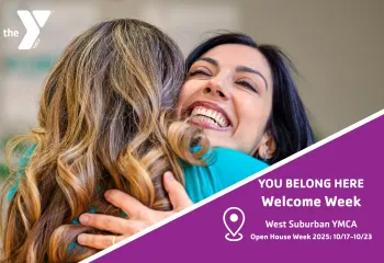 Graphic for Welcome Week Open House with 2 people hugging 