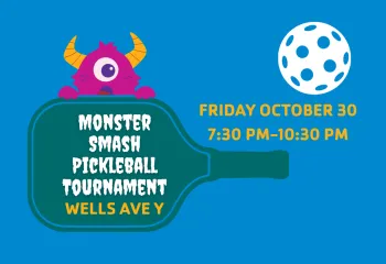 graphic with event date and a graphic of a monster with a pickleball paddle