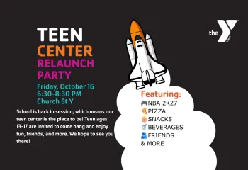 Graphic with event date and time and a graphic of a space shuttle launching off