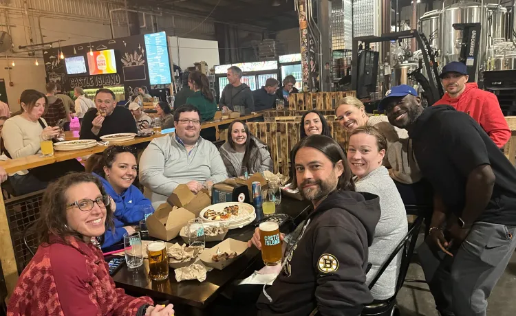 Group of WSYMCA members and friends in the Y Not? Club at Castle Island Brewery for trivia night