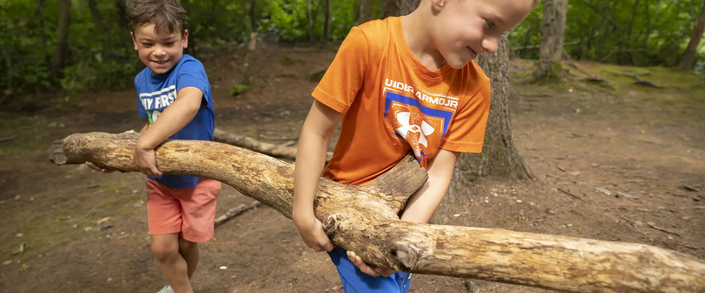 Two campers carry a large log with them to use in a fort.