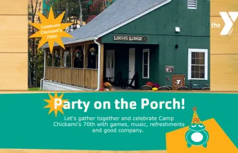 Graphic with Party on the Porch title and picture of Loch Lodge at Camp Chickami