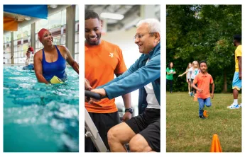 3 photos of programs at the WSYMCA including a photo of a lady exercising in the pool, a photo of a trainer standing with a man on a stationary bike, and a photo of children running drills on a field
