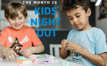 Graphic of Kids' Night Out title over picture of 2 kids playing with clay. Graphic mentions Kids' Night Out is held on the first Friday of the month