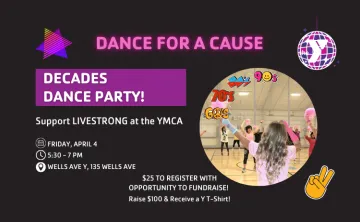 Graphic with Dance for a Cause date and time and a picture of people in a dance exercise class