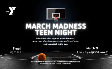 Graphic with date and location of March Madness Teen Night 2025