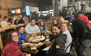 Group of WSYMCA members and friends in the Y Not? Club at Castle Island Brewery for trivia night