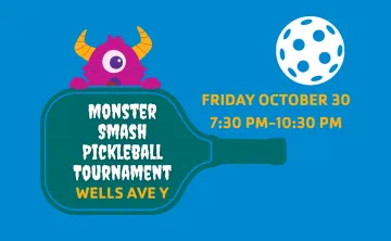 graphic with event date and a graphic of a monster with a pickleball paddle