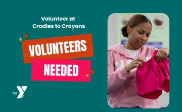 Volunteers needed for Cradles to Crayons with photo of person looking at garment tag