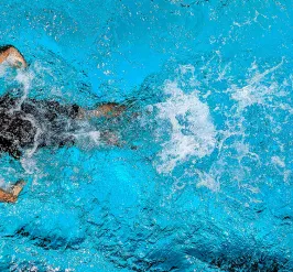 aerial view of a swimmer competitively swimming in a pool