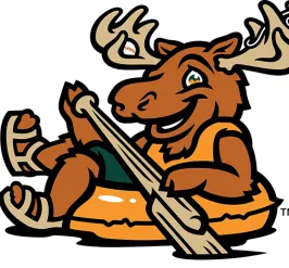 Missoula Paddlehead's baseball logo of cartoon moose wearing sandles sitting in an orange innertube and paddling with a baseball bat