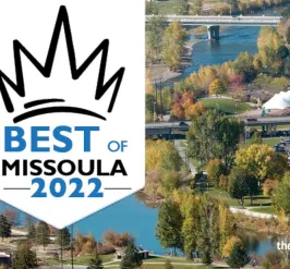 downtown missoula, a river, and blue sky with text over it that says best of missoula 2022 and the ymca logo 